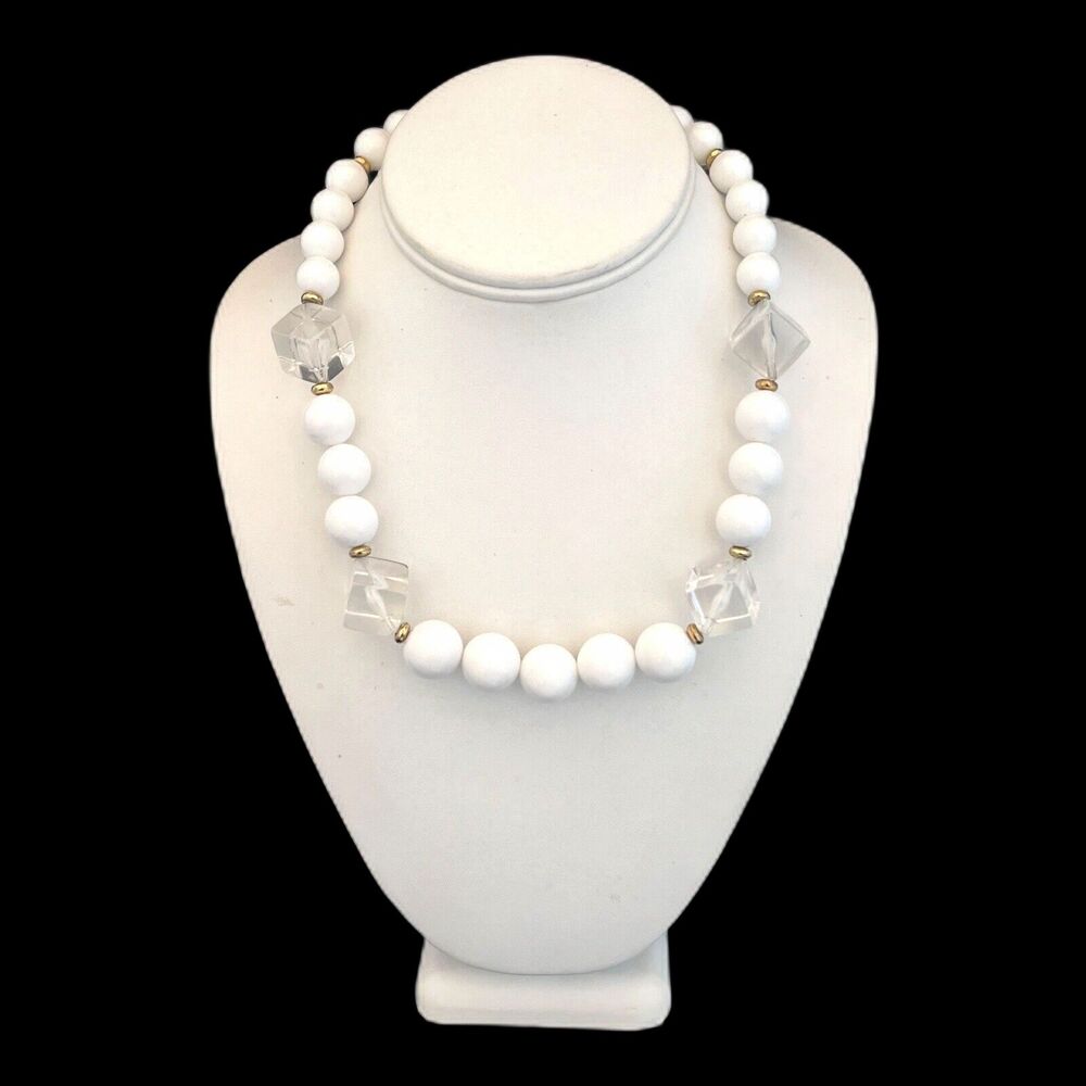 Vintage 1980s Lucite Bead Necklace White Clear Geometric Gold Tone Spacer - 9T